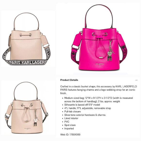 KARL LAGERFELD PARIS 'ADELE' BUCKET STYLE HANDBAG W/ LOGO WEBBING STRAP - Picture 12 of 16